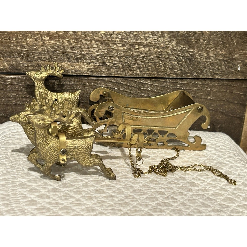 Vintage Solid Brass 3 Reindeer Pulling‎ Sleigh Christmas Decor